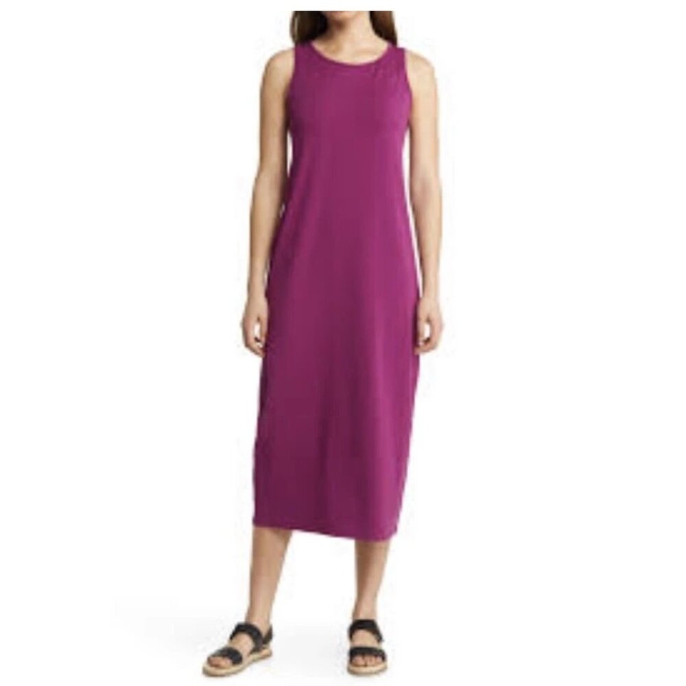 Eileen Fisher Stretch Jersey Knit Tank Dress Raspberry Midi Sleeveless Large L